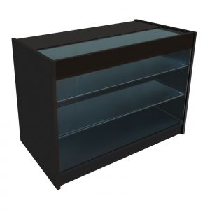 Comptoir De Vente En Mdf Noir Led Blancs Intégrés K1200 3 Étagères Portes Coulissantes Verouillables Rangement Commerciale Vitrine En Verre Acceuil Réception Bureau Vêtements Bijoux [2 Clés Inclus] - Neuf