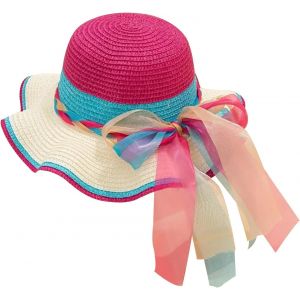 Chapeau De Paille,Chapeau Paille Enfant Large Bord,Extérieur Chapeaux De Soleil Filles Avec Rubans Arc,D'été Respirant Chapeaux Plage Pour Voyage Randonée Plage - Neuf