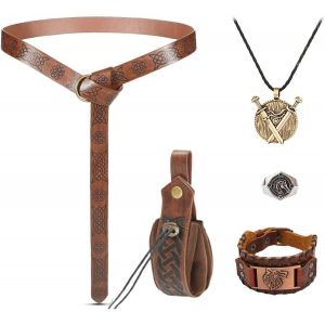 Cauc-5pcs Ceinture Medievale Femme Vintage Bourse Accessoire Medieval Costume Viking Homme Bracelet Anneau Argent Collier Deguisement Pirate Pour F&ecirc;te Elfe Sorci&egrave;re Cosplay Renaissance Halloween Carn - Neuf