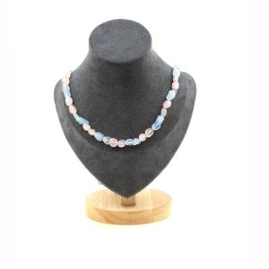 Collier Perles Aigue-Marine Du Br&eacute;sil + Quartz Rose Du Br&eacute;sil Chaine Collier Femmes, Hommes. Taille Personnalisable. - Neuf