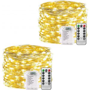 KAL-Batterie Pour Guirlandes Lumineuses - 2 Pcs 100 Led 8 Modes De Télécommande, Guirlandes Lumineuses Étanches À Piles, Minuterie Guirlande Lumineuse En Fil De Cuivre Plaqué Argent - Neuf