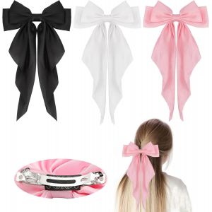 Lbgwp60-Lot De 3 N?Uds À Cheveux Pour Femme Avec Barrette - Grand N?Ud - Ruban En Satin - Accessoires De Cheveux Pour Mariage, Fête D'anniversaire - Noir, Blanc, Rose - Neuf