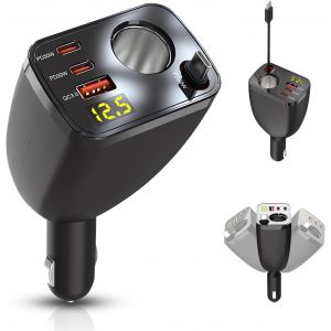 120W 5 En 1 Chargeur Allume Cigare Voiture Usb C, 65 Cm C&acirc;ble Type-C R&eacute;tractable, Avec Voltm&egrave;tre Led, Charge Rapide Chargeur Voiture Avec Usb-C/Usb-A, 12V/24V Pour Iphone, Android - Neuf