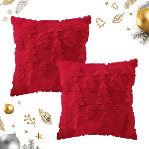 Cauc-&reg; Taie D'oreiller De No&euml;l 45x45 Cm, 2 Pi&egrave;ces Housse De Coussin Arbre Et Flocon De Neige, D&eacute;coration D'hiver Pour Canap&eacute;, Chambre, Salon (Rouge) - Neuf