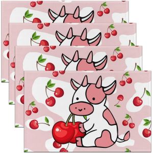 ERYI-Lot De 4 Sets De Table Motif Vache Au Lait Et Cerise Pour Filles - Motif Vache À Lait - Rouge Et Rose - 45 X 30 Cm - Neuf
