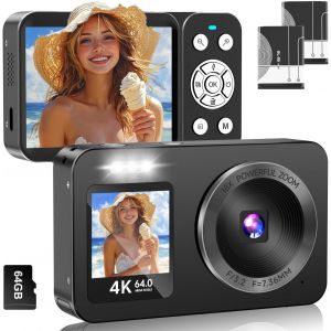 CHECARZHN--NO1-Appareil Photo Numérique 4K 64Mp Avec Carte Sd 64G, Double Écrans Avant Et Arrière, Zoom Numérique 18X, Mini Caméra De Vlogging Portable, 2 Batteries, Pour Enfants, Adolescents, Étudia - Neuf