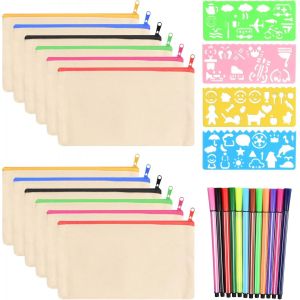 MAA-Pochette Tissu Zippée Petite, DIY Vierge Toile Trousse, Pochette Personnalisable, Pochette Tissu Zippée De Bricolage avec 12 Crayons De Couleur et 4 Pcs Modèles de Dessin pour Les Cadeaux - Neuf