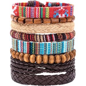 Kal-Bracelet En Cuir Pour Homme Et Femme - Bracelet Tress&eacute; - Perles En Bois - Bracelet Boh&egrave;me - Neuf