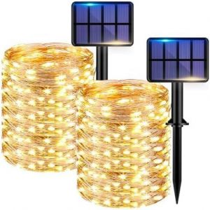 KAL-Guirlande Solaire Exterieur [Lot De 2], Totale 44M 440Led Lumineuse Extérieur, 8 Mode Étanche Guirlande Led Exterieur Pour Jardin Arbre Terrasse Mariage Noël Cour Maison Fête Décora Blanc Chaud - Neuf