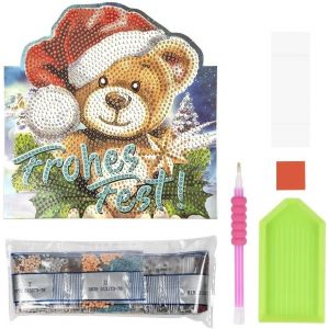 Carte de dessin diamant | 370 g/m² | 16,3 cm x 16 cm | Enveloppe et outils inclus (ours en peluche, joyeuse fête) - Neuf
