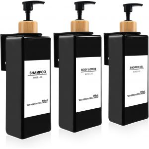 ERYI-Lot De 3 Distributeurs De Savon Mural - 500 Ml - Noir - Distributeur De Savon Mural Sans Perçage - Distributeur De Pompe En Plastique Avec Entonnoir Et Étiquettes Étanches - Pour Cuisine - Neuf