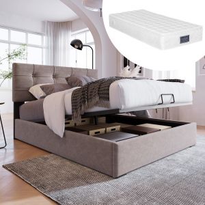 Lit lit 90x200 cm hydraulique canap&eacute; convertible t&ecirc;te de lit r&eacute;glable cadre m&eacute;tallique lit &agrave; lattes avec rangement gris clair velours avec matelas - Neuf