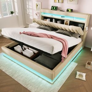 Lit coffre rembourr&eacute; 180x200 t&ecirc;te de lit avec espace de rangement et ports usb et type-c &eacute;clairage led &agrave; la t&ecirc;te et au pied du lit lin beige - Neuf