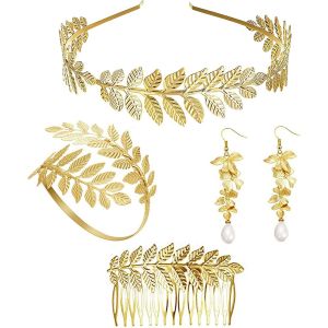 4 Pièces Déesse Grecque Costume Accessoires Pour Femmes Doré Feuille Laurier Couronne Bandeaux Bracelet Bras Bracelet Boucles D'oreilles Perle Balancent Mariée Parure Bijoux Ensemble - Neuf