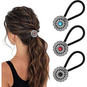 Kal-Lot De 3 Supports De Queue De Cheval De Style Occidental - Bracelet Élastique En Métal Bohème - Barrettes À Cheveux Vintage Turquoise - Fleurs De Citrouille - Élastiques - Accessoires De Cheveux - Neuf