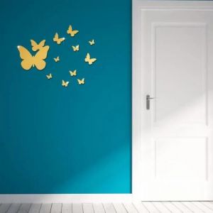 12pcs Papillons 3D Miroir Stickers Autocollant Mural Doré - Neuf