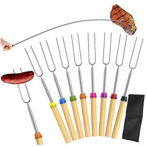 Lot de 8 fourchettes &agrave; barbecue extensibles en acier inoxydable avec manches en bois - Neuf