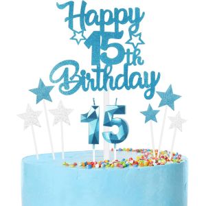 Sjzg-Ensemble De D&eacute;corations De G&acirc;teau D'anniversaire &laquo; Happy 15th Birthday &raquo; Num&eacute;ro 15 Bleu Pour G&acirc;teau D'anniversaire Bougies D'anniversaire Pour Filles Et Gar&ccedil;ons &Eacute;, Lz-Cp-Tz-Ls-15 - Neuf