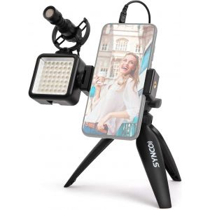 MEVRONISSHOP-Kit de vid&eacute;osurveillance pour smartphone Microphone directionnel Lumi&egrave;re vid&eacute;o Support de t&eacute;l&eacute;phone portable Tr&eacute;pied Stabilisateur pour iPhone 12 11 Pro Max X XS Huawei Samsung Vlogger K - Neuf