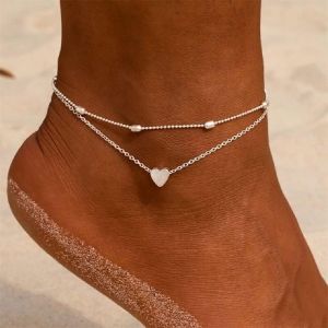 Eryi-Soleil Lune Bracelet Cheville Multicouche Ananas Amour Tortue Cheville Perles D'été Accessoire Plage Pied Femme Fille Bijoux (Chaîne De Pied Love En Argent) - Neuf