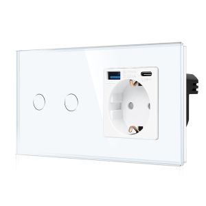 Interrupteur d'éclairage en verre et prise Schuko USB encastré (type C et type A 3,1 A/20 W total)-Interrupteur tactile avec statut LED-2 compartiments,blanc - Neuf