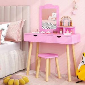 COSTWAY Coiffeuse avec Tabouret Enfants 3-7 Ans, Miroir Rectangulaire Amovible, 1 Peigne, 2 Grands Tiroirs en Bois, Rose Fonce - Neuf