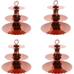 Lot De 4 Pr&eacute;sentoirs &Agrave; Cupcakes En Carton &Agrave; 3 Niveaux Avec Bord En Dentelle Dor&eacute; Rose - Neuf