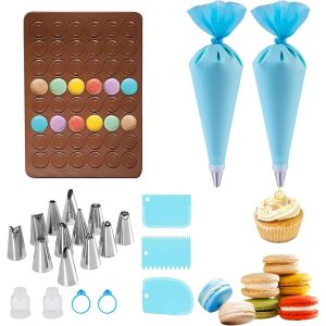 JEXNOVASHOP-Tapis Macarons de Cuisson Silicone Tapis de Cuisson Silicone Patisserie Tapis de Cuisson Macarons avec Poche &agrave; Douille et 12 Douilles Cuisson Antiadh&eacute;sif Tapis Macarons&iquest;pour Chocolat, G&acirc;t - Neuf