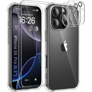5 En 1 Coque Pour Iphone 16 Pro Avec 2 Verre Tremp&eacute; Et 2 Cam&eacute;ra Protecteur, &Eacute;tui De Protection Antichoc Avec Coussin D'Air Int&eacute;gr&eacute; Mince Bumper Housse - Transparente - Neuf