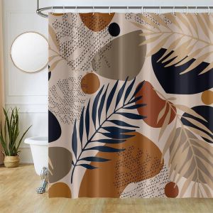 Kal-Rideau Douche 180x180cm, Rideau Douche Anti Moisissure Terracotta Gris Abstrait Feuilles Bleu Rideaux De Baignoire Tissu Lavable Imperméable Polyester Rideaux Salle De Bain Avec 12 Crochets - Neuf