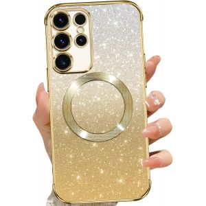 SJZG-Coque Magn&eacute;tique Pour Samsung Galaxy S25 Ultra 5G, Etui &Agrave; Paillettes Compatible Avec Magsafe, Antichoc Charge Sans Fil Housse Pour Samsung S25 Ultra, Avec 2 Verre Tremp&eacute;, Dor&eacute; - Neuf