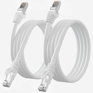 Ethernet Cable 3 m Cat 7, 2 Pieces, Rj45 3 m Shielded High Speed Network Cable Gigabit Outdoor Waterproof LAN SFTP Cable White Internet Cable for Router Modem -10Gbps 600MHz - Neuf