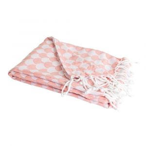 Couverture Plaid Coton Rose Saumon Et Blanc Avec Franges 130x170 Cm - Neuf