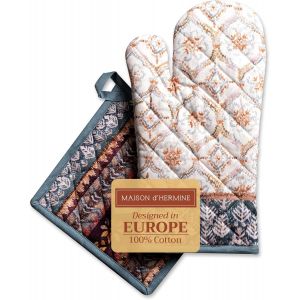 KALANKA-Fair Isle Ensemble de Gants de Cuisine 100% Coton (19cm x 33cm) et manique (20cm x 20cm) pour Barbecue, Cuisson, Micro-Ondes, Thanksgiving/Noël - Neuf
