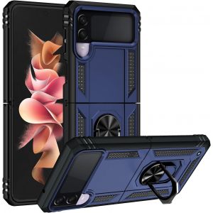Kal-Coque Pour Samsung Galaxy Z Flip4 5g, Étui De Protection Slim Soft Tpu + Pc,Heavy Duty Dual Layer Protective Housse Avec Support De Bague En Métal, Bleu - Neuf