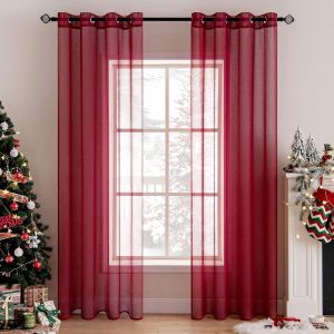 2 Panneaux Rideaux Voilages à Oeillets en Effet Lin Voilage Fenêtre Transparent Rideau Salon Moderne Voilage Petite Décor Cuisine Chambre Balcon 140x137cm Rouge - Neuf