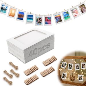 40 Pi&egrave;ces Accroche Photo 10x15 Cm Guirlande Photo Noir Cadre Photo Carton 6 Pouces Livr&eacute; Avec 40pcs Mini Epingle En Bois 4pcs Corde En Jute Pour Diy D&eacute;coration Murale F&ecirc;te Anniversaire - Neuf
