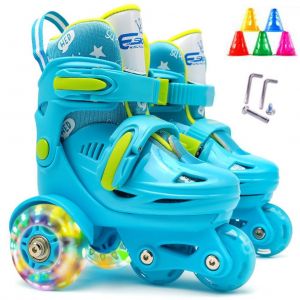 Patins A Roulettes Quadruples Pour Enfants, Chaussures A Roulettes A 3 Points D'equilibre Pour Filles Et Garcons, Taille Reglable, Doubles Freins, Roues Lumineuses - Neuf