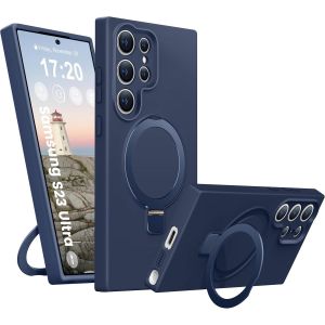 Maa-Coque Silicone Liquide Pour Samsung Galaxy S23 Ultra, Anneau De Support Magnétique, Étui De Protection Antichoc 4 Couches, Doublure En Microfibre Souple Antirayures Pour S23u (Bleu Foncé) - Neuf