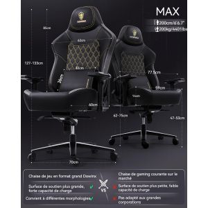 Fauteuil Gamer Dowinx, capacit&eacute; de charge 200 kg, si&egrave;ge de bureau ergonomique avec accoudoirs 4D et support lombaire, r&eacute;glable en hauteur, pour gamers et esport, noir - Neuf