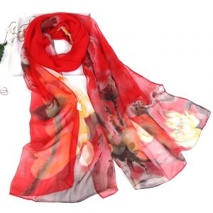 Un Foulard En Soie Rouge À Motif Lotus Féminin De 160 × 50 Cm - Neuf