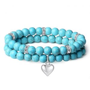 Bracelet En Pierre Pr&eacute;cieuse En Forme De C?ur Pour Femme - Pierres De Gu&eacute;rison En Cristal De Turquoise Bleue De 8 Mm, Coffret Cadeau Pour Partenaire (2 Pi&egrave;ces) - Neuf