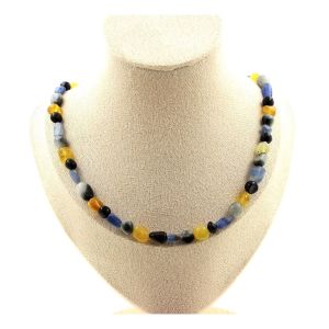 Collier Perles Oeil De Faucon + Opale Jaune + Cyanite Bleu Taille Personnalisable. - Neuf