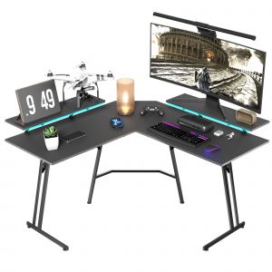 Bureau Informatique D&rsquo;Angle 120x120 Cm Noir &ndash; Plateau 50 Cm, Led Int&eacute;gr&eacute;es Et Support &Eacute;cran Amovible, Bureau Gaming Et T&eacute;l&eacute;travail - Neuf