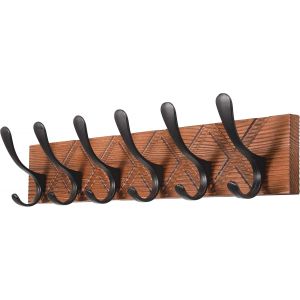 SUBZONAL-Porte-manteau mural en bois vieilli avec &laquo; X &raquo; sculpt&eacute;s et 6 crochets pour manteaux, chapeaux, v&ecirc;tements et &eacute;charpes Marron et noir - Neuf