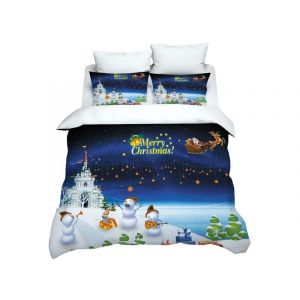 Parure De Lit De No&euml;l Avec Imprim&eacute; Bonhomme De Neige, Housse De Couette Et Taies D'oreiller Pour Lit Double, Entretien Facile Et Mati&egrave;re Douce - Neuf