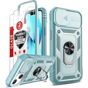 Case For Iphone 13 6.1 Inch (Not 13 Pro Max/13 Pro) With 2 X Tempered Glass+Ring Support, Full Protection Hard Pc Camera Anti-Fall Reinforced Armor Heavy Duty Shockproof Bumper Case Cover Green - Neuf