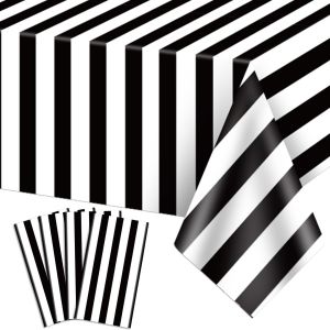Sjzg-Lot De 4 Nappes &Agrave; Rayures Noires Et Blanches, Nappe En Plastique Pour Vacances, Anniversaire, F&ecirc;te Pr&eacute;natale, Pique-Nique, 130 X 220 Cm - Neuf