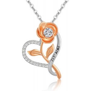Saint Valentin Collier Femme Argent Je T&iquest;Aime Rose Collier Coeur,Bijoux Argent Femme 925 Pendentif Collier,Cadeau Saint Valentin Femme Manman Petite Amie - Neuf