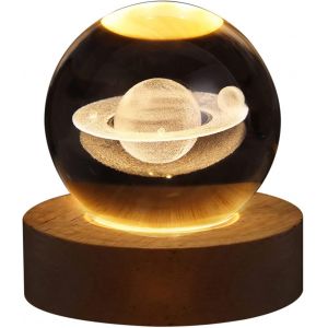 Trahoo-Boule De Cristal Usb 3d Avec Socle En Bois Syst&egrave;me Solaire 3d Avec Led, D&eacute;coration De Table, Plan&egrave;te, Veilleuse, Cadeau D'anniversaire, D&eacute;coration De F&ecirc;te (Saturne) - Neuf